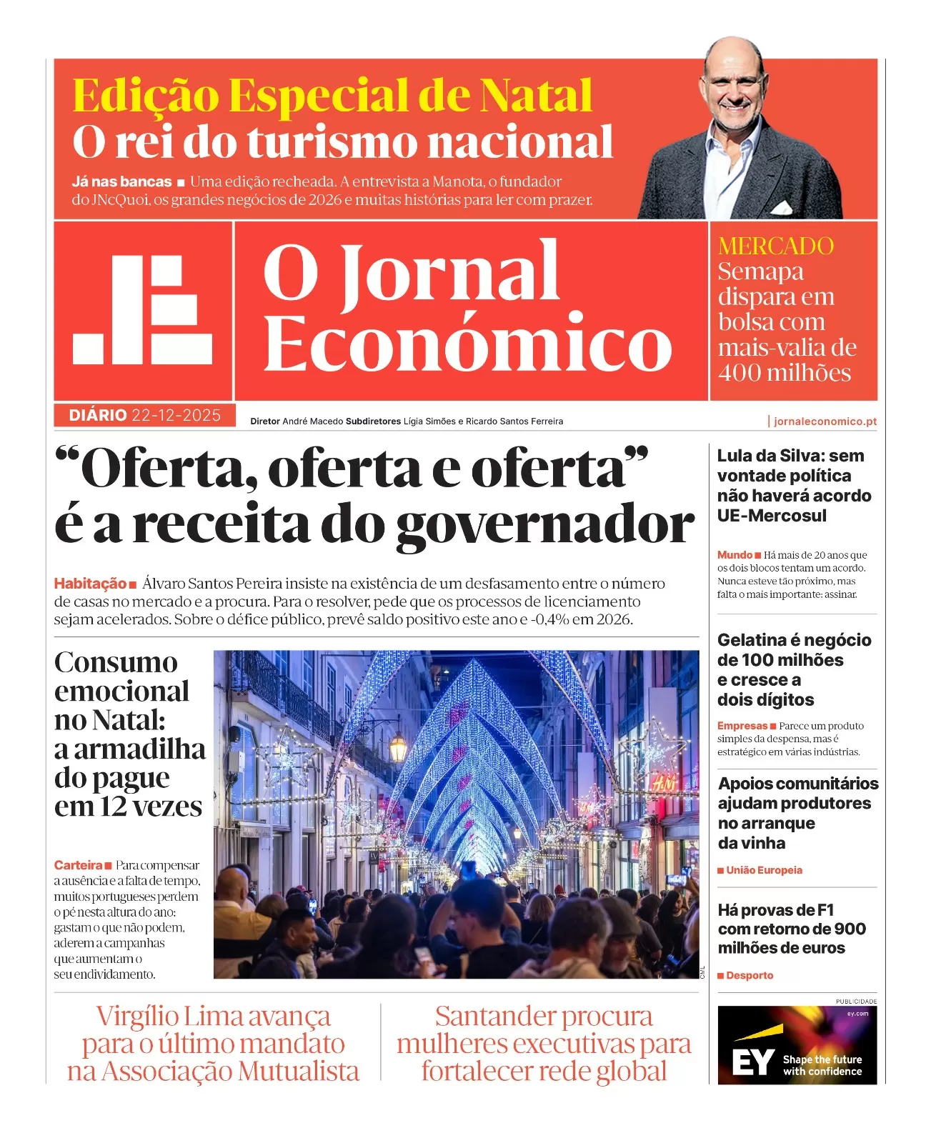 A primeira página do Jornal Económico de 22 de dezembro