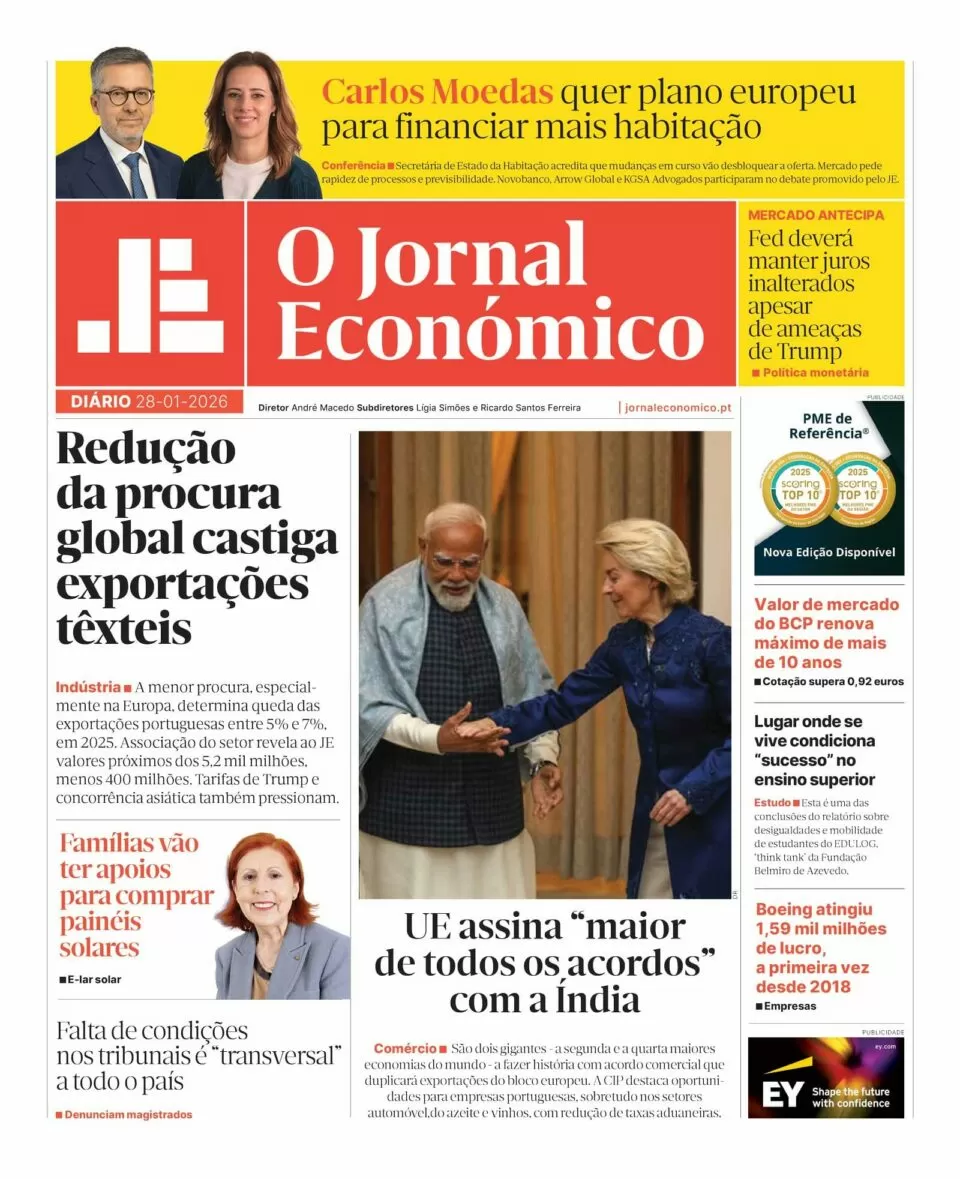 A primeira página do Jornal Económico de 28 de janeiro