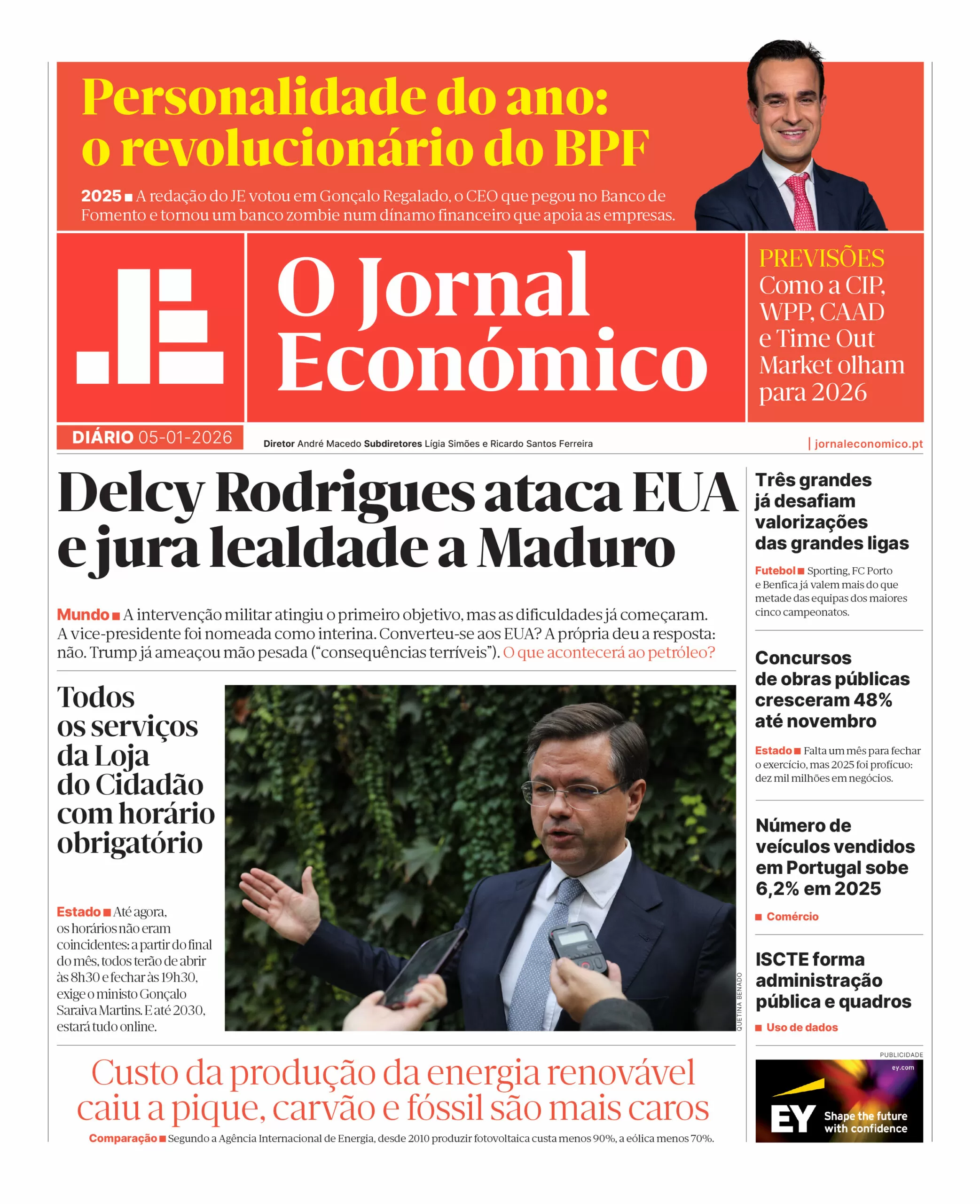 A primeira página do Jornal Económico de 5 de janeiro