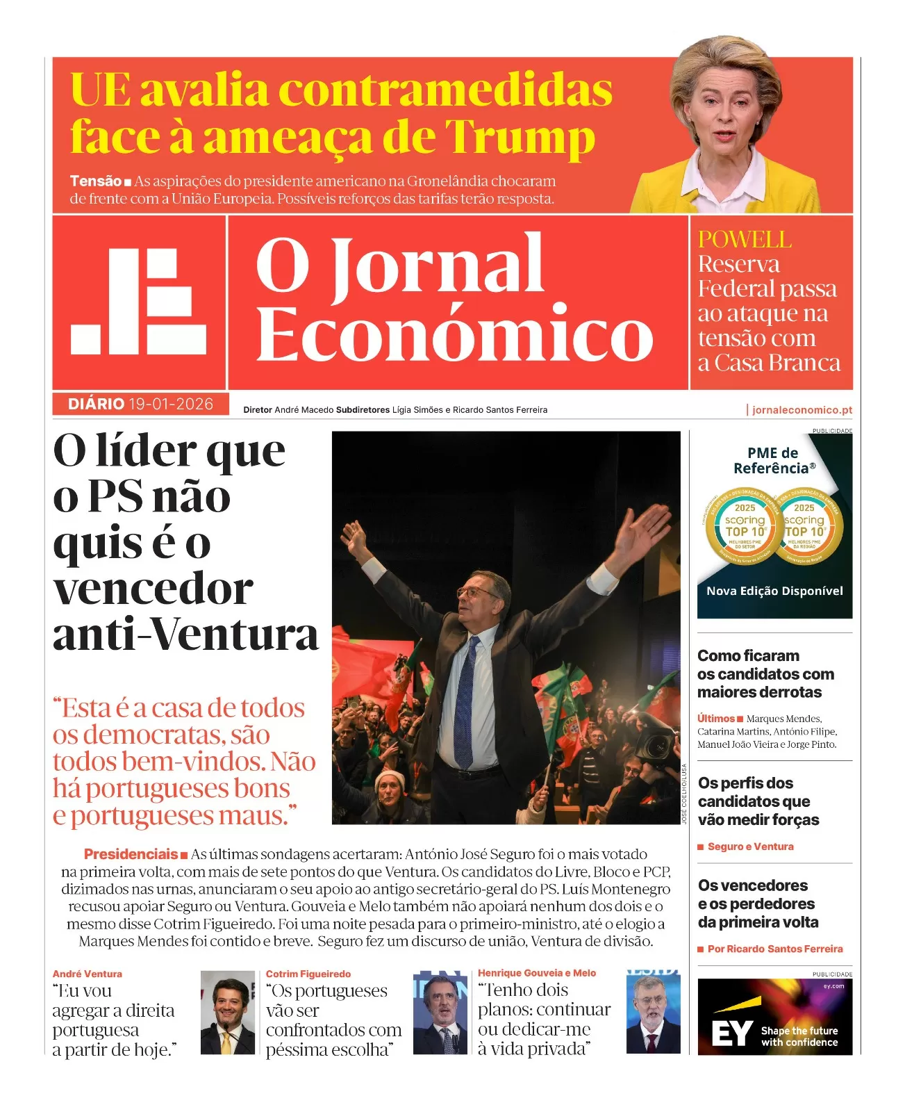 A primeira página do Jornal Económico de 19 de janeiro