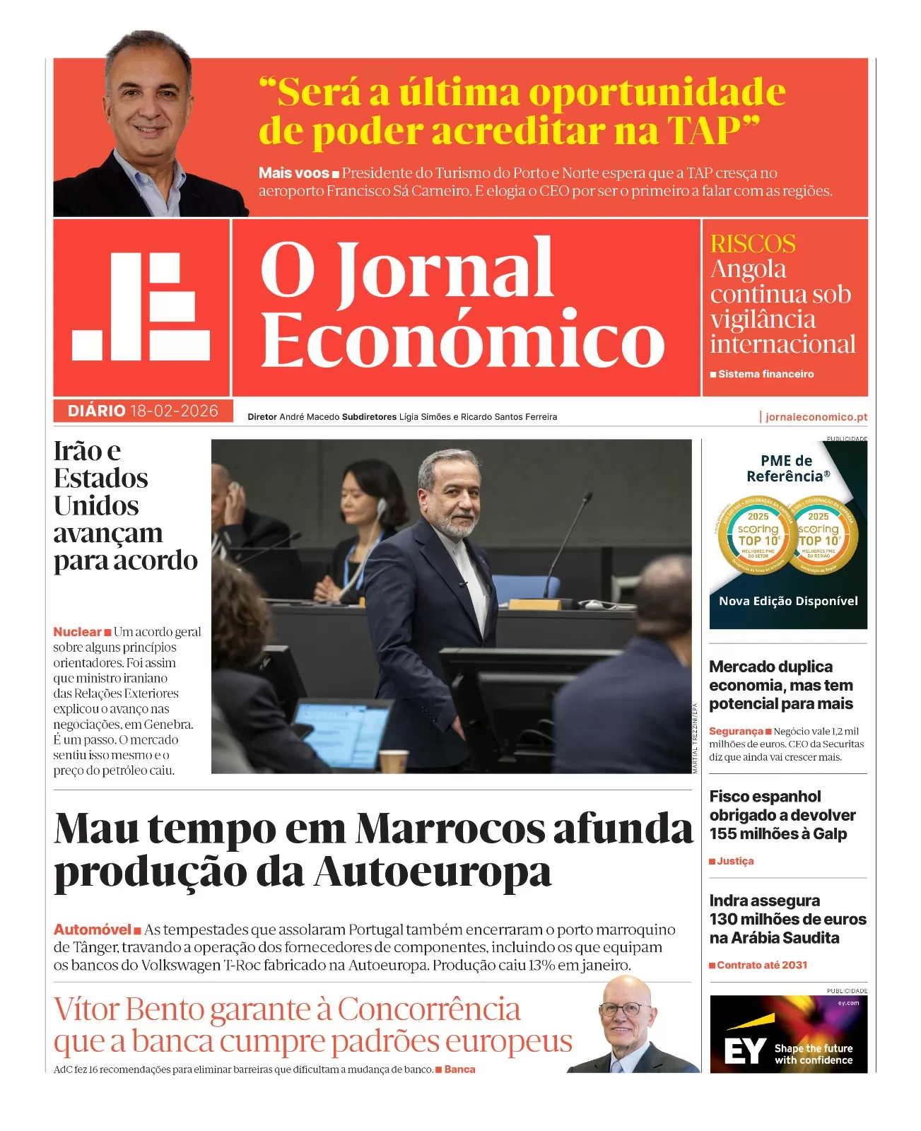 A primeira página do Jornal Económico de 18 de fevereiro