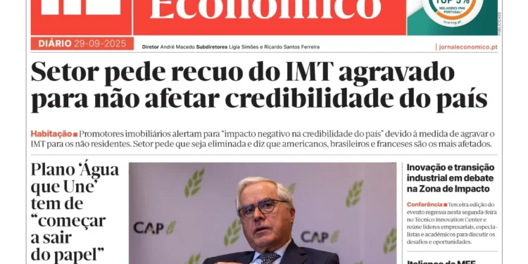 A primeira página do Jornal Económico de 29 de setembro
