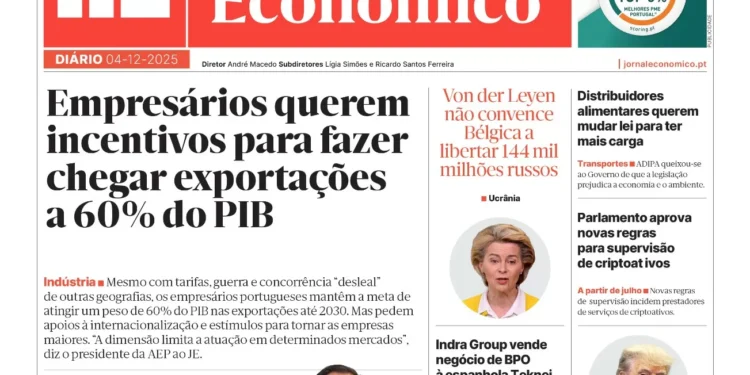 A primeira página do Jornal Económico de 4 de dezembro